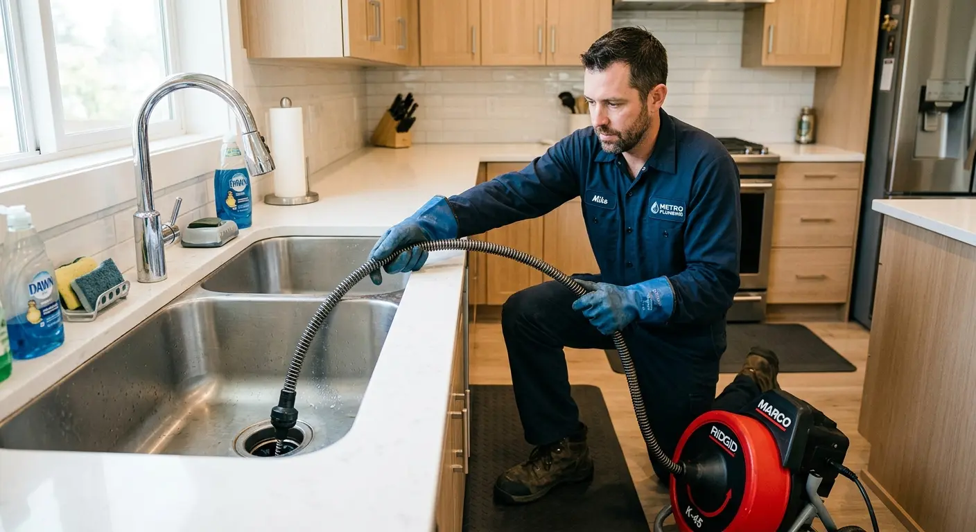 Drain cleaning technician using a motorized snake on a kitchen sink in Omaha
