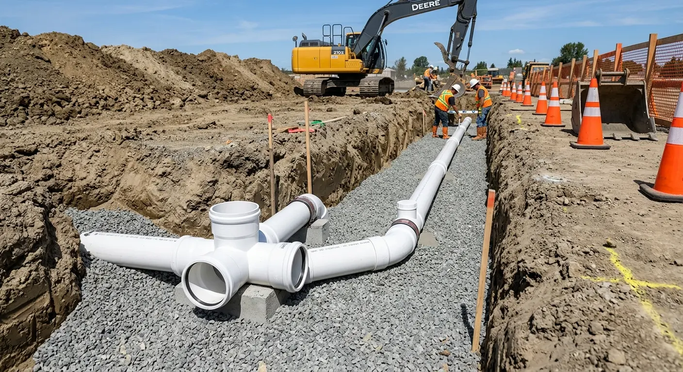 New PVC sewer pipe installation in open trench for Sewer Backup in Omaha