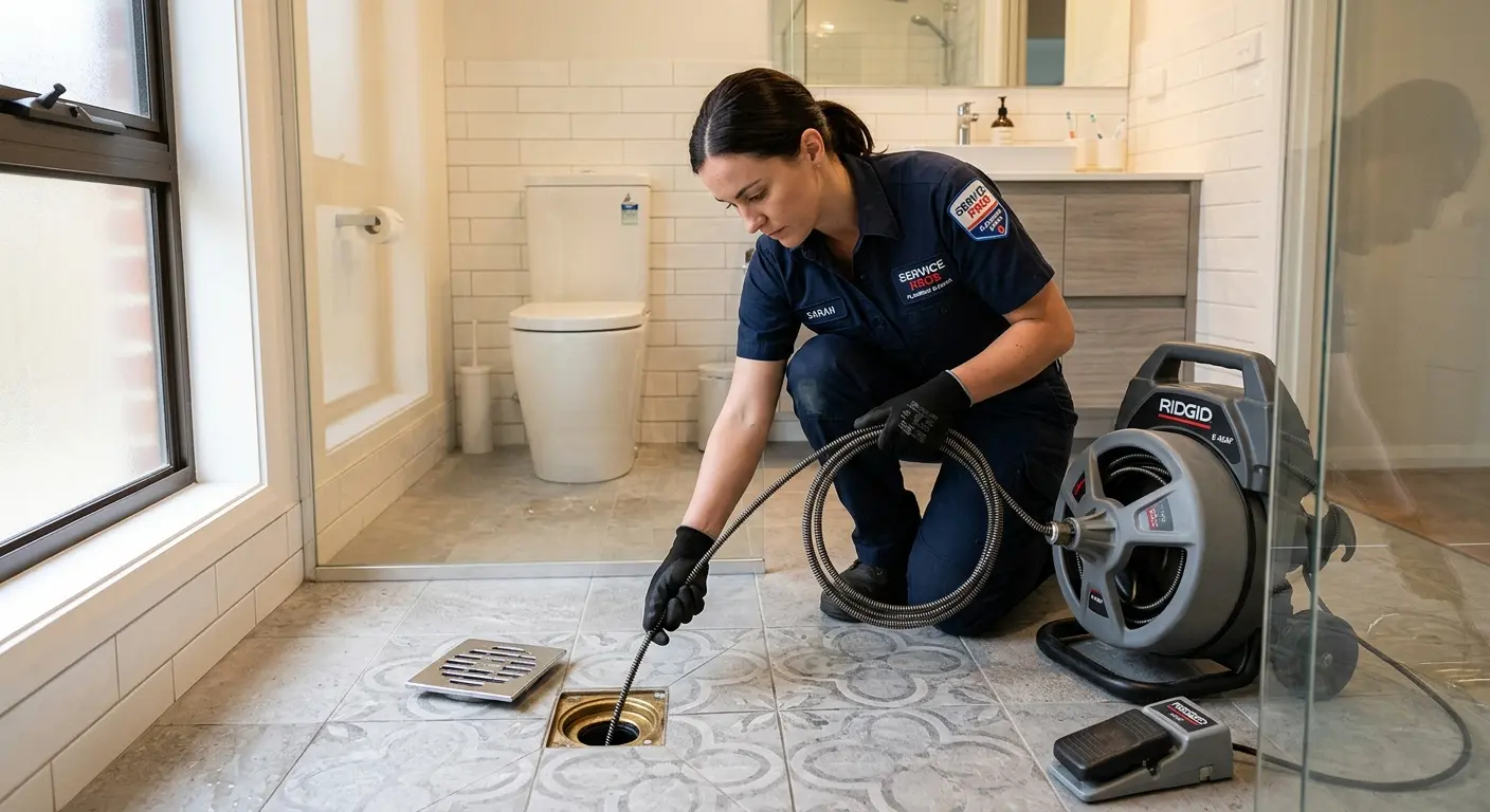 Technician clearing a bathroom floor drain for Drain Cleaning in Omaha